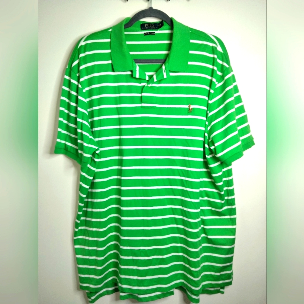 Polo Ralph Lauren (Sz XXL) Men's Green/White Stripe Button Collar SS Polo Shirt
